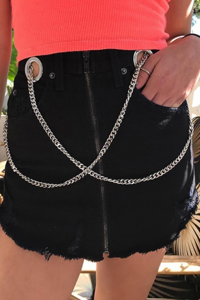 Cool Hip Hop Girls' High Waist Zip Front Eyelet Chain Embellished Frayed Fit Mini Skirt in Black