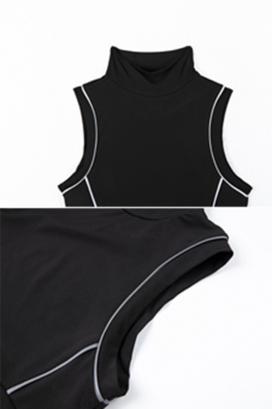 Cool Street Sleeveless High Neck Contrast Pipe Reflective Cotton Black Slim Crop Tank Top for Club Girls