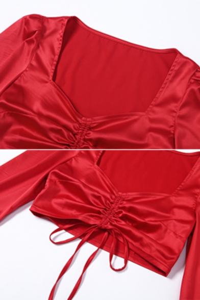 Cute Elegant Ladies' Blouson Sleeve V-Neck Bow Tie Drawstring Slim Fit Red Crop Top for Club