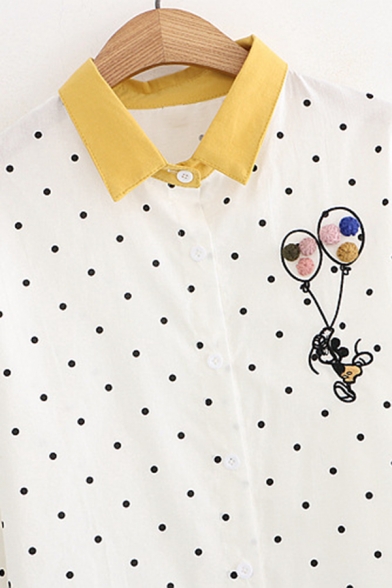 Cute Pompom Embellished Cartoon Balloon Contrast Collar Long Sleeve Oversized Shirt
