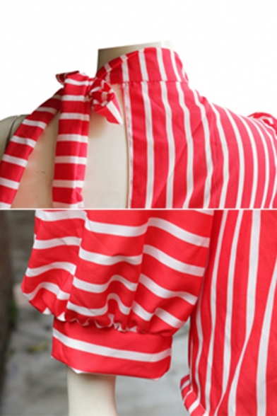 Designer Tied Stand Collar One Shoulder Lantern Long Sleeve Red Striped Blouse Top