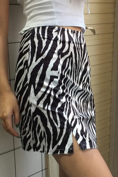 Edgy Girls Black High Waist Zip Back Zebra Printed Slit Fit Mini A-Line Skirt