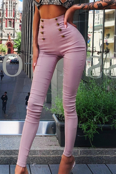 Edgy Girls' High Waist Button Detailed Long Skinny Pants in Pink