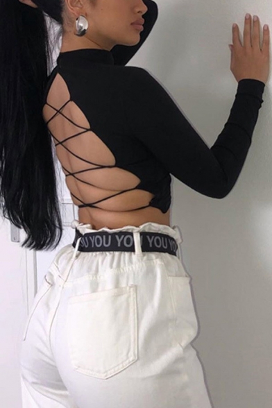 Edgy Girls' Long Sleeve Mock Neck Lace Up Back Cotton Crop T-Shirt in Black