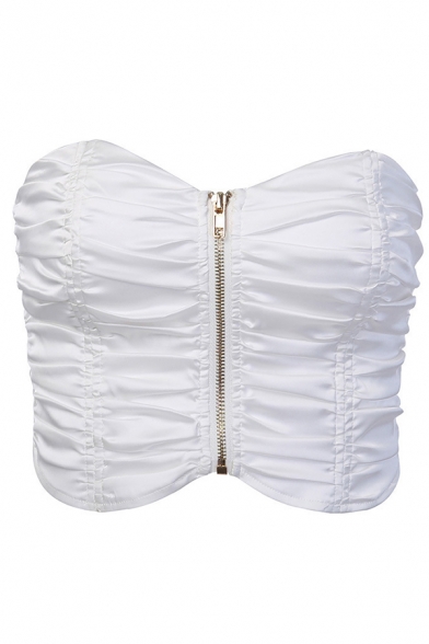 Edgy Looks White Sleeveless Sweetheart Neck Zip Front Fitted Crop Tube Top for Girls