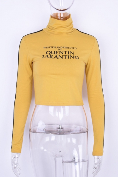 Edgy Looks Yellow Long Sleeve High Neck Letter Print Contrast Piped Slim Crop T Shirt