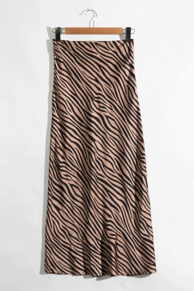 Elegant Trendy Ladies' High Waist Zebra Print Zipper Side Long A-Line Skirt in Brown