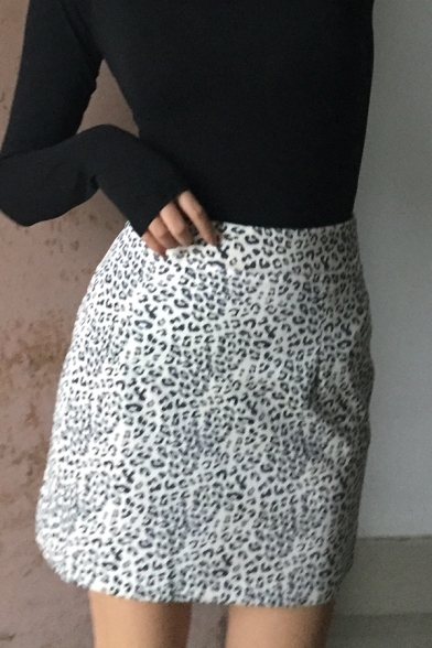 Fancy Edgy Girls' High Waist Leopard Patterned Tight Mini Skirt in Black