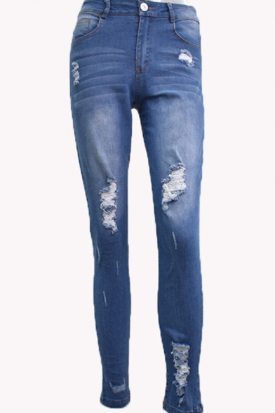 Fashion Girls' Mid Rise Bleach Distressed Stretchy Skinny Long Jeans in Blue