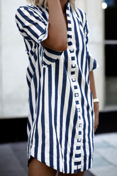 Female Street Casual Short Sleeve Band Collar Button Down Stripe Print Ruffled Trim Slit Front Short Sheath Shirt Dress in Blue