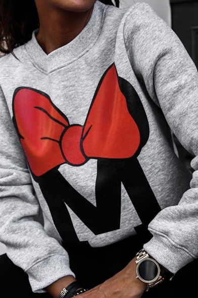 Girls Fall Popular Letter M Red Bow Pattern Long Sleeve Round Neck Casual Sweatshirt