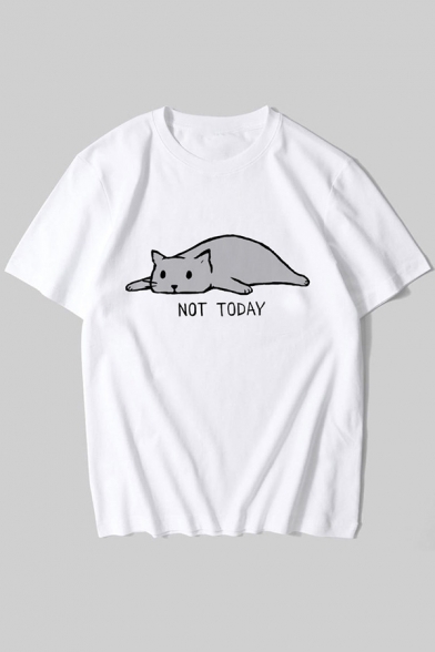 Girls Funny Cartoon Cat Letter NOT TODAY Pattern Short Sleeves White Sports Tee