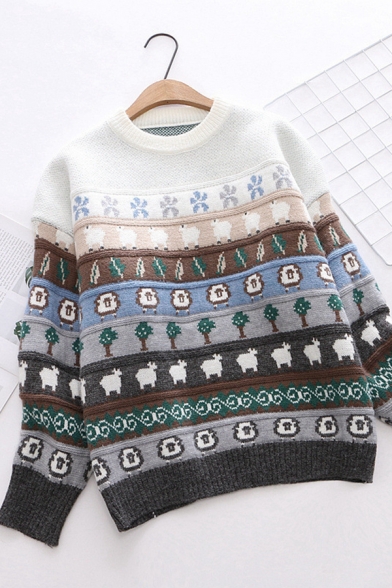 Girls Lovely Sheep Pattern Long Sleeve Crew Neck Oversized Pullover Knitted Sweater