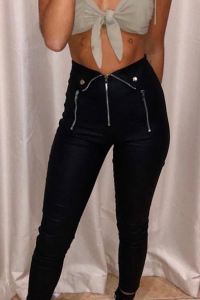 Girls' Unique Dark Mid Rise Half-Closure Zipper Button Cropped Leg Skinny Jeans in Black