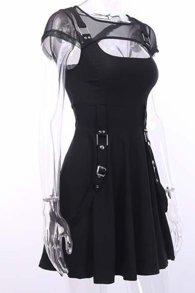 Gothic Punk Style Black Mesh Panel Short Sleeve Cutout Front Ribbon Embellished Midi A-Line Party Dress