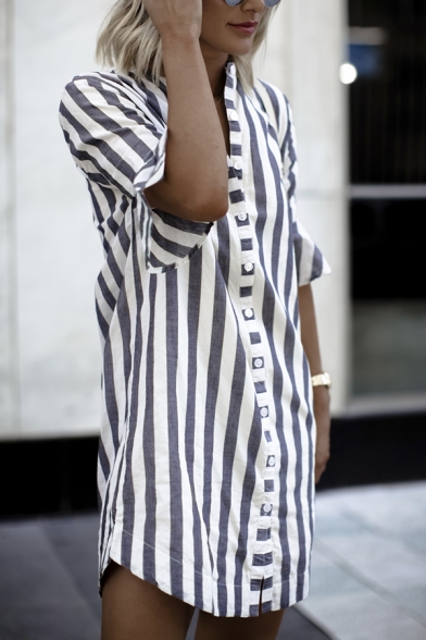 Grey Vertical Stripes Printed Bell Half Sleeve Single Breasted Longline Shirt