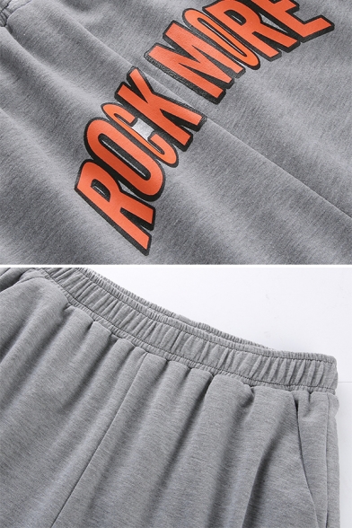 Hip Hop Street Grey Elastic Waist ROCK MORE Letter Print Cuffed Long Relaxed Tapered Sweatpants for Women