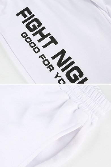 Hip Hop White Elastic Waist Drawstring Letter FIGHT NIGHT Graphic Cuffed Ankle Oversize Sweatpants for Female