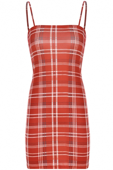 Hot Fashion Tartan Plaids Printed Mini Fitted Slip Dress for Women