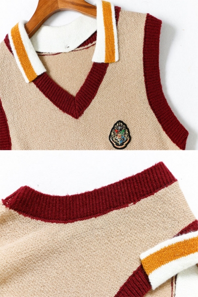Hot Popular Badge Printed Lapel V-Neck Contrast Trim Sleeveless Knit Vest Waistcoat