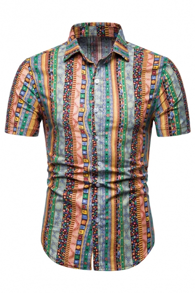 Geo-Tribal Stripes Print Short Sleeves Lapel Collar Slim Fit Button Up Shirt