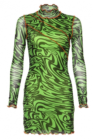 Ladies Creative Patterns Stringy Selvedge Trim Long Sleeve High Collar Green Mini Party Dress