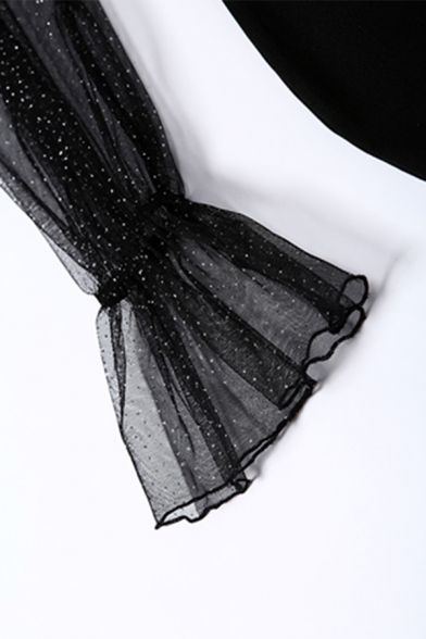 Ladies Elegant Mesh Patched Puff Long Sleeve Square Neck Black Plain Mini Dress