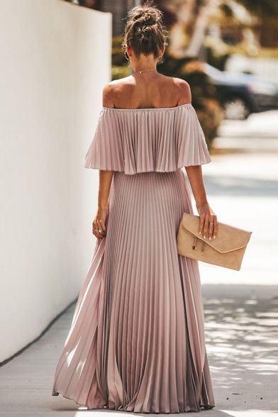 Ladies' Elegant Plain Short Sleeve Off The Shoulder Ruffled Maxi Long Prom Pleated Dress