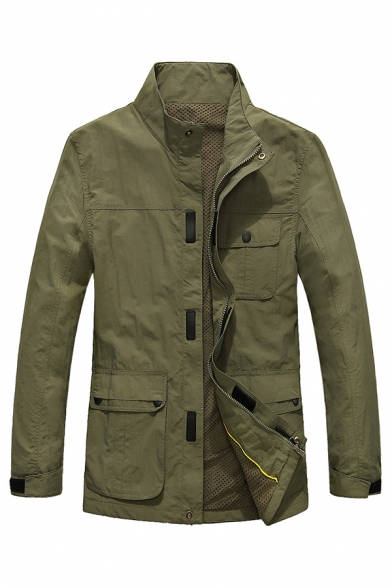 Mens Casual High Neck Zip Up Quickly Dry Army Green Tunic Casual Windbreaker Travel Jacket