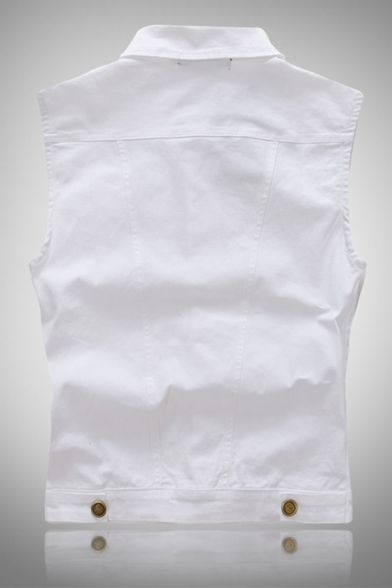Mens Casual Plain Sleeveless Lapel Single Breasted Slim Fit White Denim Vest