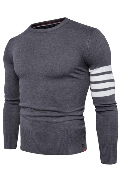 Mens Casual White Stripes Printed Single Sleeve Button Cuffs Boucle Knit Pullover Sweater