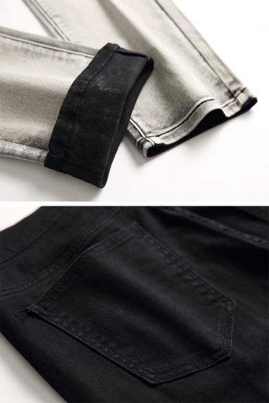 Mens Creative Ombre Color Zipper Fly Straight Jeans Black Denim Trousers