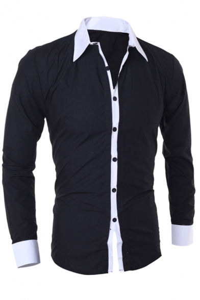 Mens Popular Contrast Collar Long Sleeve Slim Fit Button Up Classic Shirt