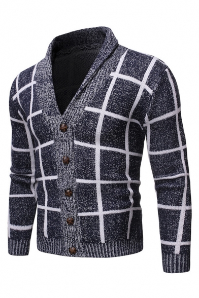 Mens Popular Grid Pattern Long Sleeve Button Down Slim Fit Casual Knit Cardigan Coat