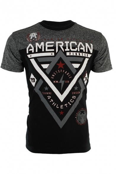 Mens Street Letter AMERICAN FIGHT Geometric Printed Short Sleeve Black Graphic T-Shirt