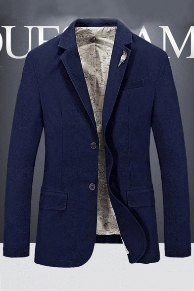 Mens Stylish Bird Printed Notched Lapel Double Button Long Sleeves Navy Blue Plain Suit Blazer