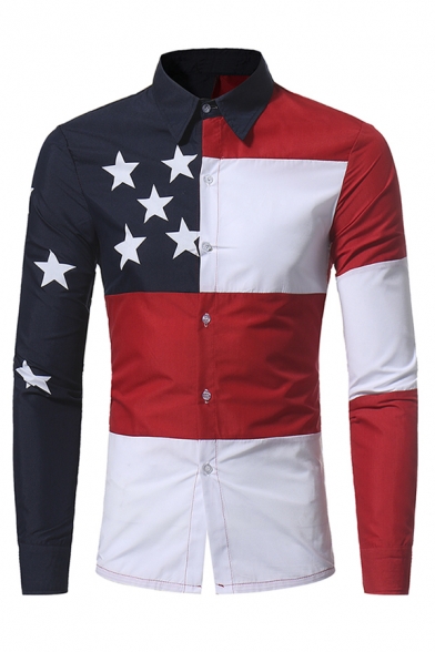 Mens Trendy Colorblocked Stripe Stars Patch Long Sleeve Turndown Collar Button Up Shirt