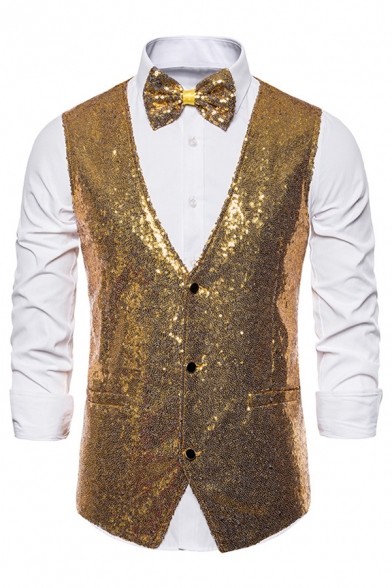 Mens Unique Plain Bling Bling Sleeveless Single Breasted Sequined Blazer Jacket Vest for Night Club