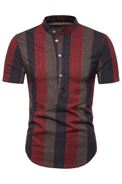 New Fashion Vertical Striped Print Short Sleeve Button Front Arc Hem Slim Henley Shirt