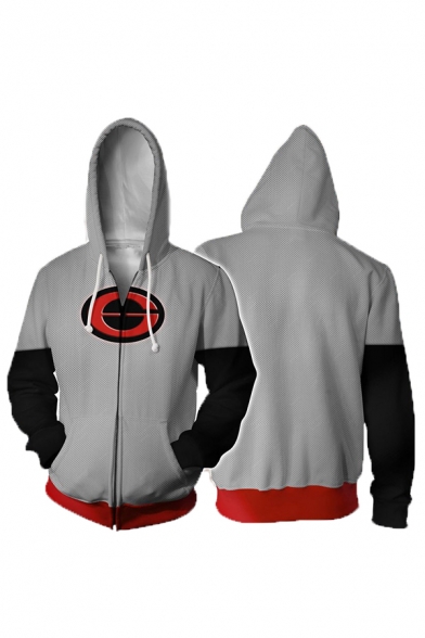 New Stylish Logo Print Color Block Patchwork Long Sleeve Side Pockets Zip Up Sports Hoodie