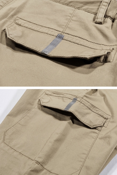 New Trendy Solid Color Khaki Multi-Pocket Zip Front Casual Cargo Pants