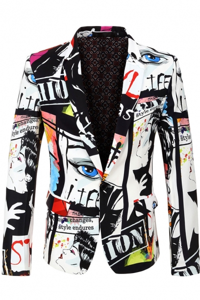 New Trendy White Graffiti Pattern Long Sleeve Button Down Slim Fitted Cool Blazer Coat