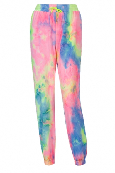 Pink Amazing Elastic Waist Drawstring Tie-Dye Cuffed Long Relaxed Carrot Sweatpants for Cool Girls
