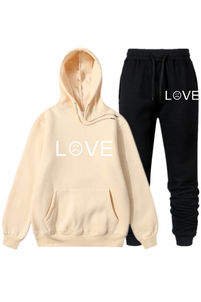 Popular Sad Face LOVE Printed Long Sleeve Thick Hoodie Two Piece Sports Set with Pants