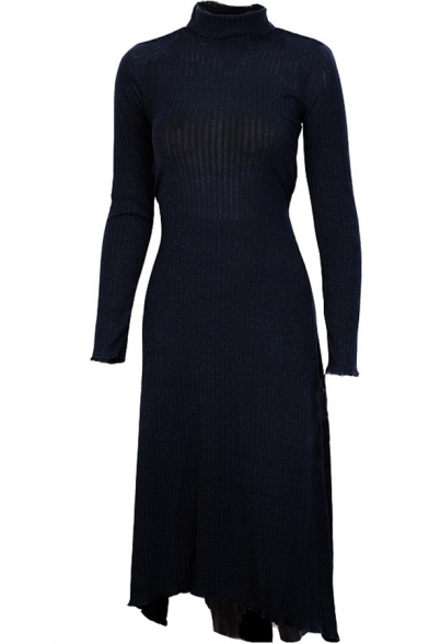 Sexy Boutique Ladies' Long Sleeve Halter Cold Shoulder Bow-Tie Open Back Knit Long Swing Dress in Navy
