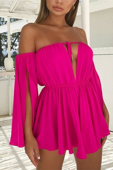 Sexy Tied Front Off Shoulder Slit Bell Sleeve Gathered Waist Solid Color Mini Dress for Nightclub