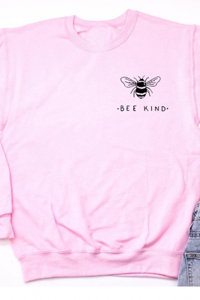 Simple Style BEE KIND Letter Print Long Sleeve Pullover Sweatshirt for Women