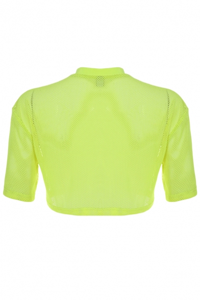 Stylish Girls' Short Sleeve Crew Neck Mesh Loose Fit Yellow Crop T-Shirt for Club