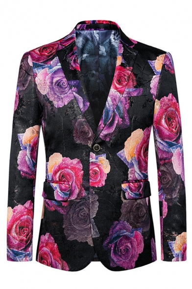 Stylish Rose Red Floral Pattern Notched Collar Long Sleeve Double Buttons Retro Suit Blazer