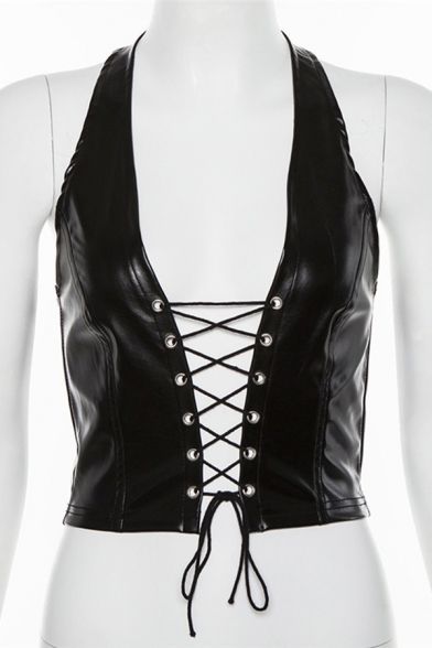Trendy Cool Women's Sleeveless Halter Lace Up Front Leather Black Crop Tank Top for Club